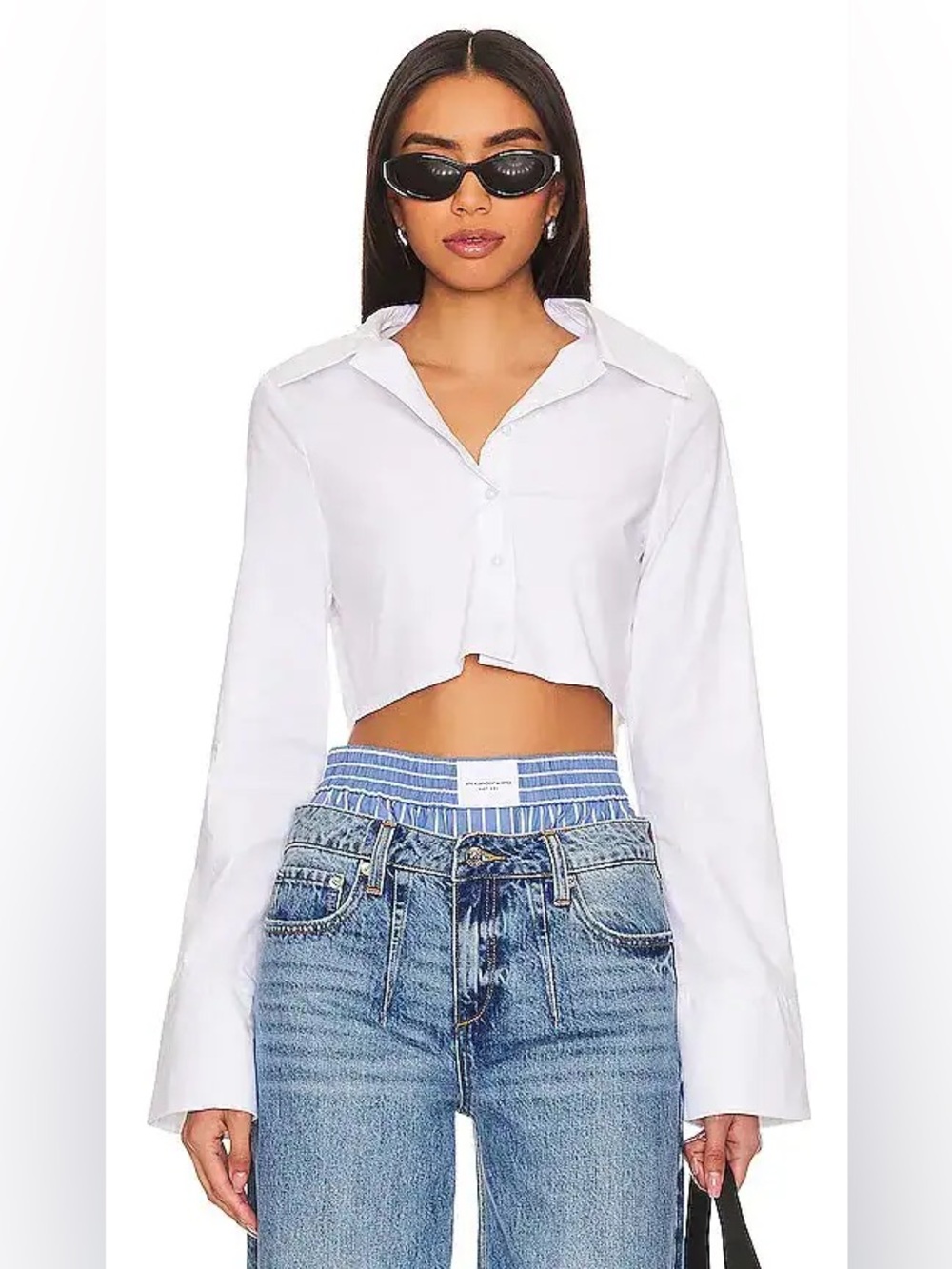 SNDYS Alma Shirt Cropped White Button-Front Long‑Sleeve Shirt XS